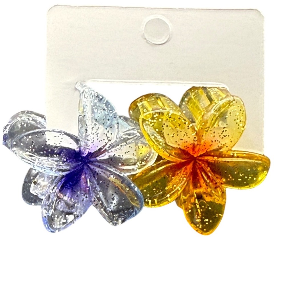 2pc‎ Flower Hair Claw Clips Glitter Yellow Purple Plumeria Tropical Accessories - Picture 2 of 4
